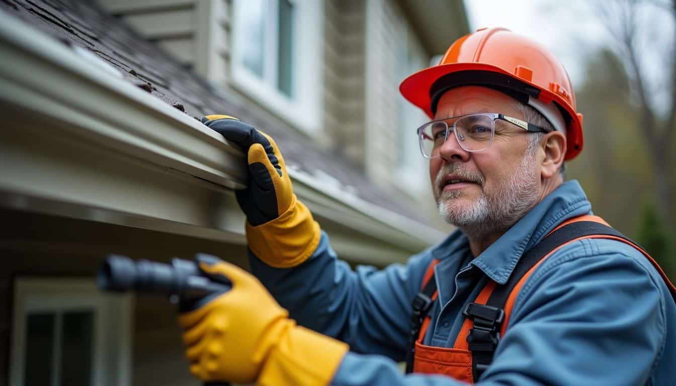 A person in protective gear cleaning gutters with a pressure sprayer.