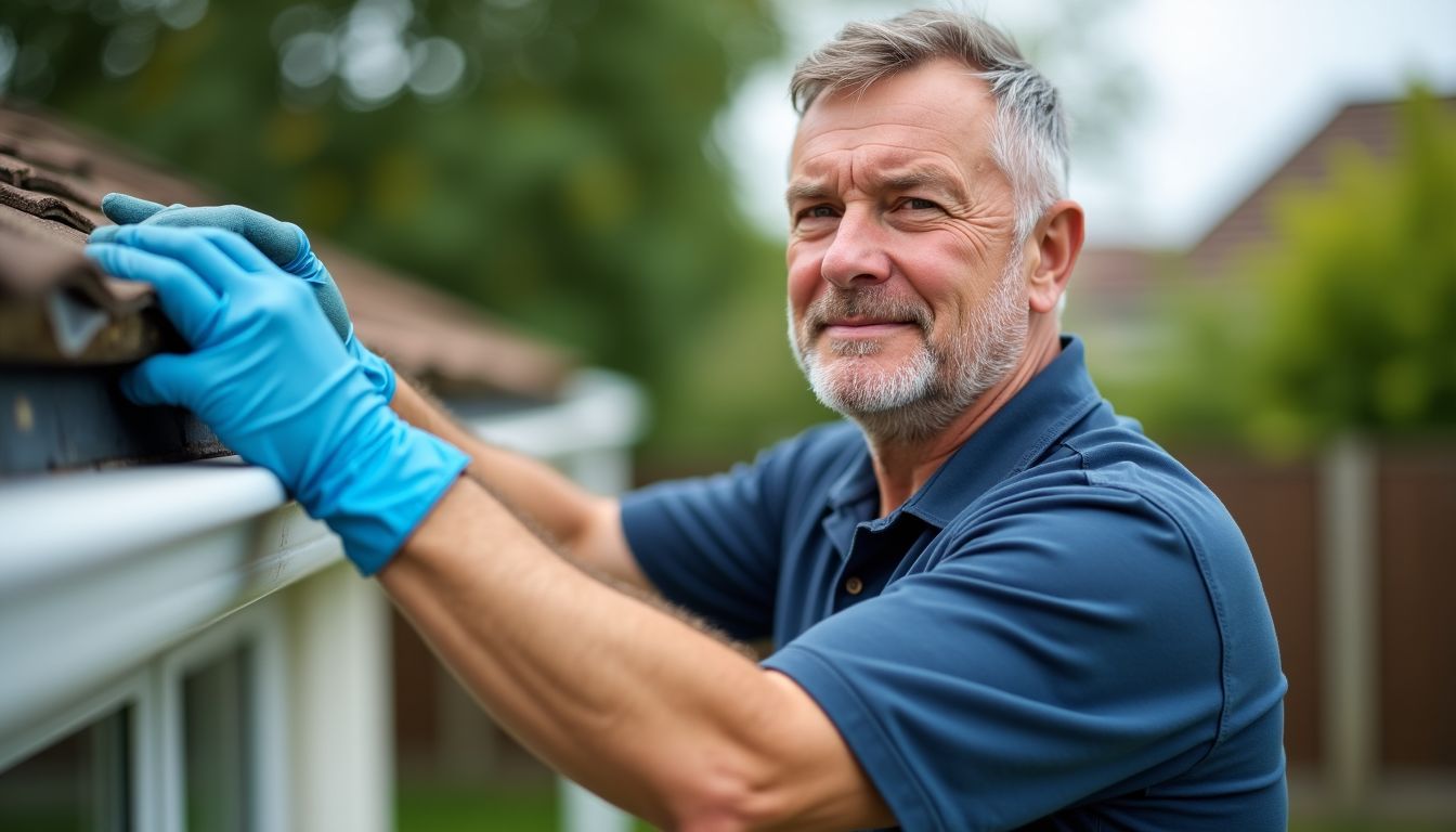 A man cleaning gutters in a suburban backyard.