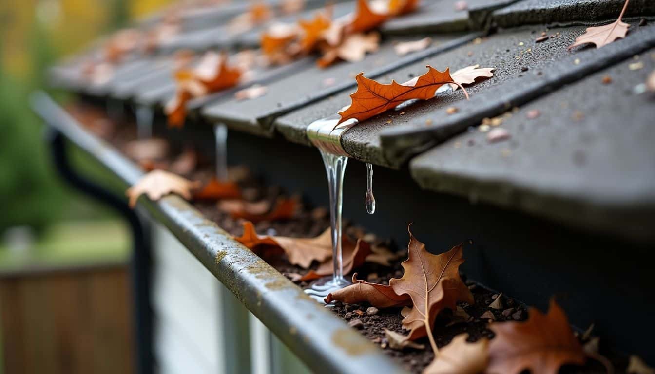 A neglected gutter is overflowing, causing water pooling near the foundation.