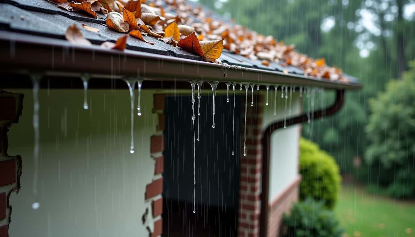 A flooded gutter causes water damage to a house during rainstorm.