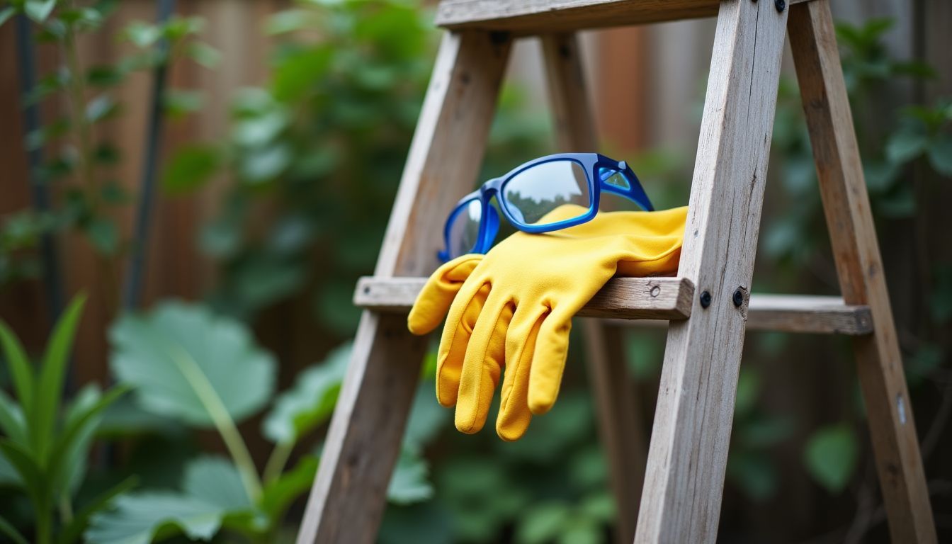 A messy backyard with gutter cleaning tools and overgrown plants.