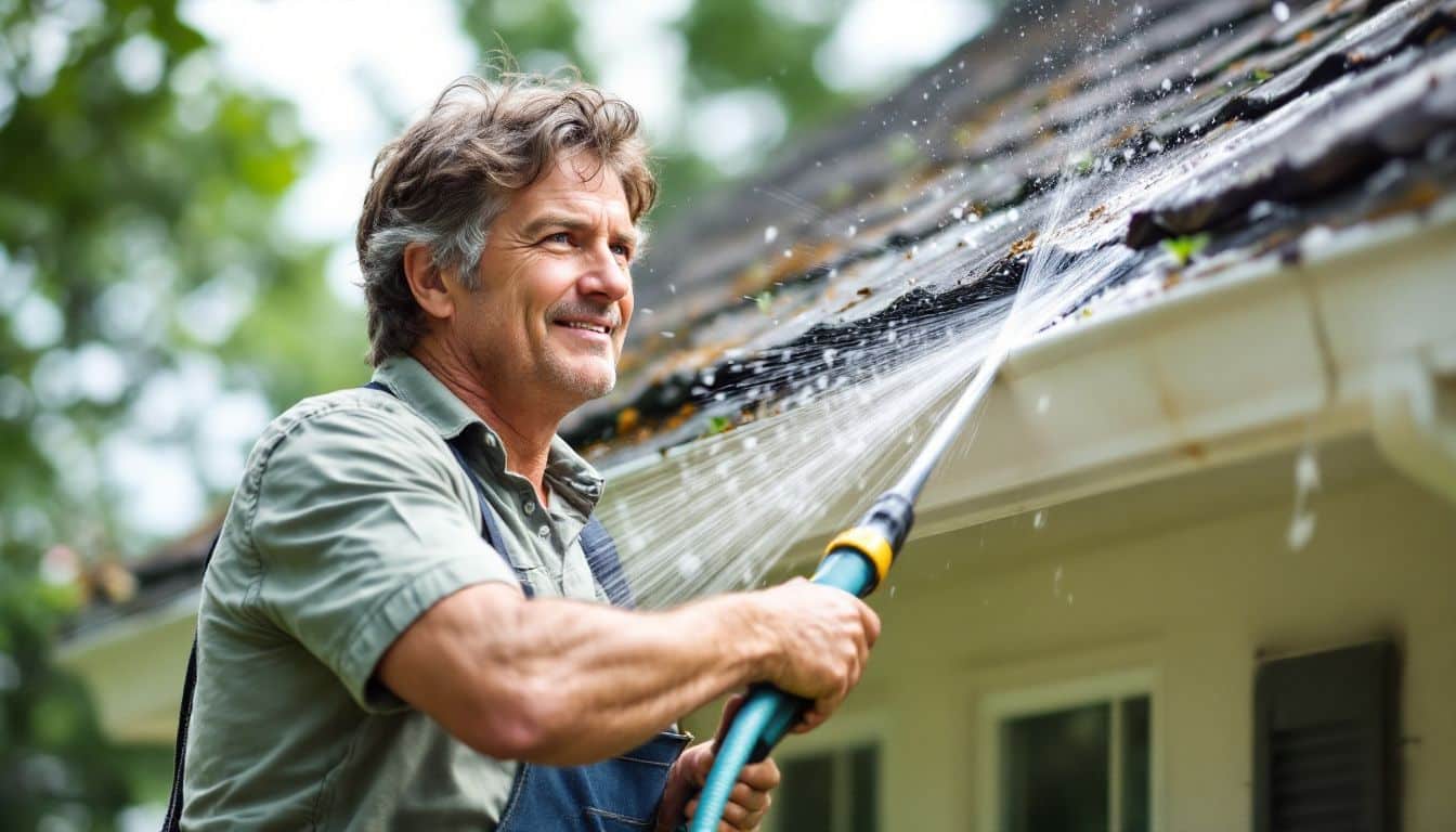 A person cleaning gutters with a garden hose on a sunny day.