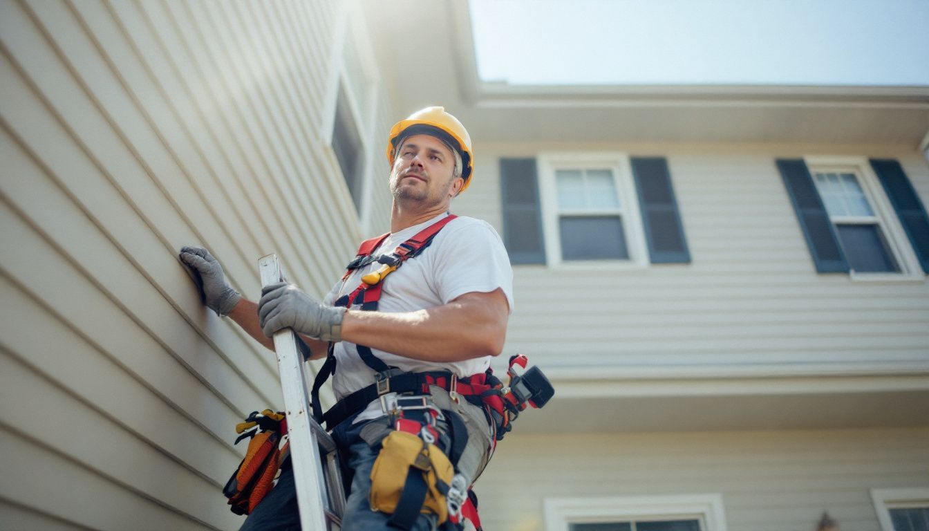 A man in safety gear climbs a ladder to work on a house.