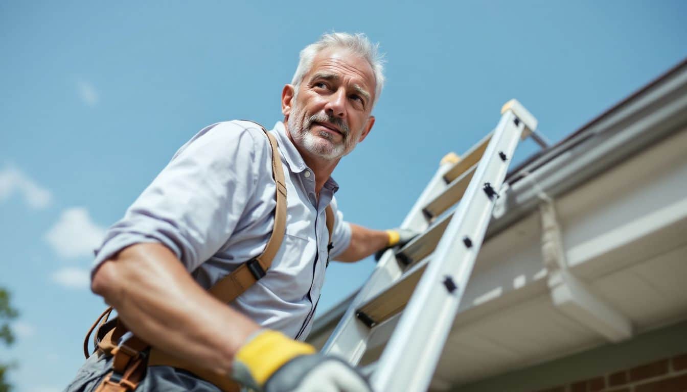 A man cleans gutters with a secured ladder on a sunny day.