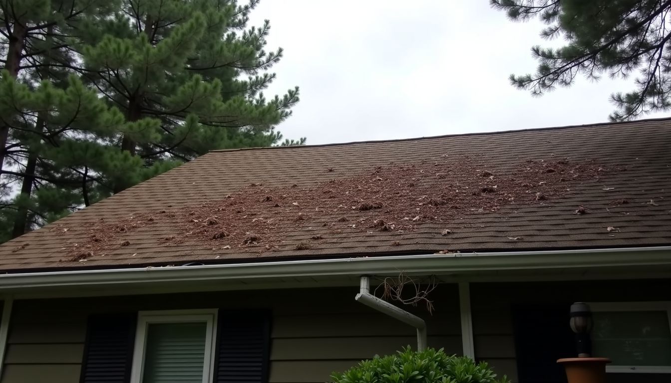 A neglected roof with debris and broken gutters surrounded by trees.