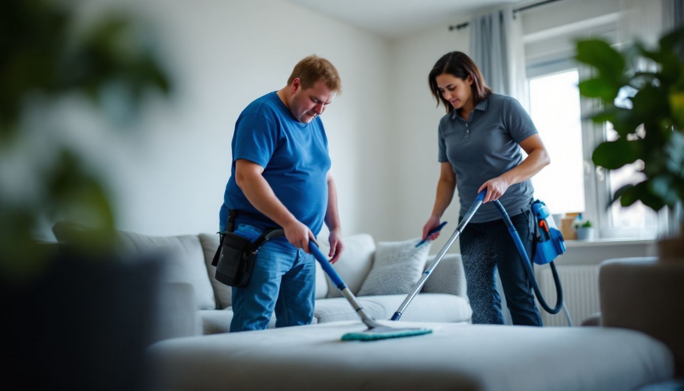 Two cleaning team members tidying a spacious living room.