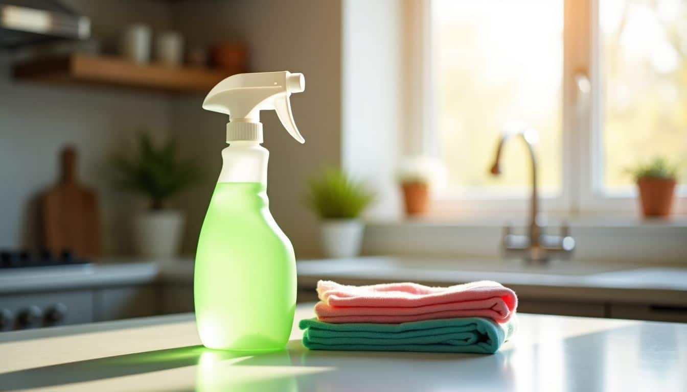 A tidy, eco-friendly kitchen with natural light and green cleaning products.