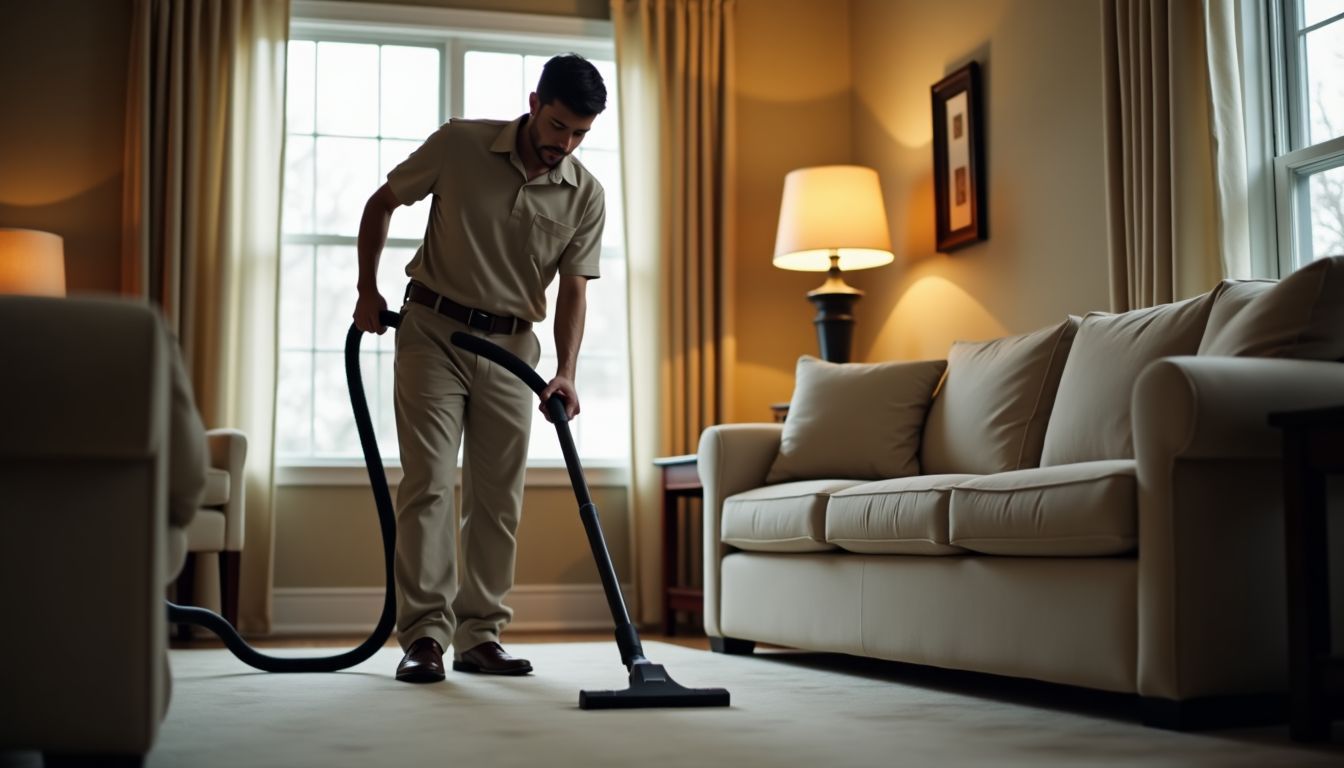 A professional cleaner is seen vacuuming a luxurious living room.