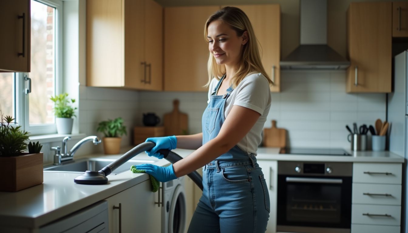 A woman in casual clothes is cleaning a well-maintained kitchen.