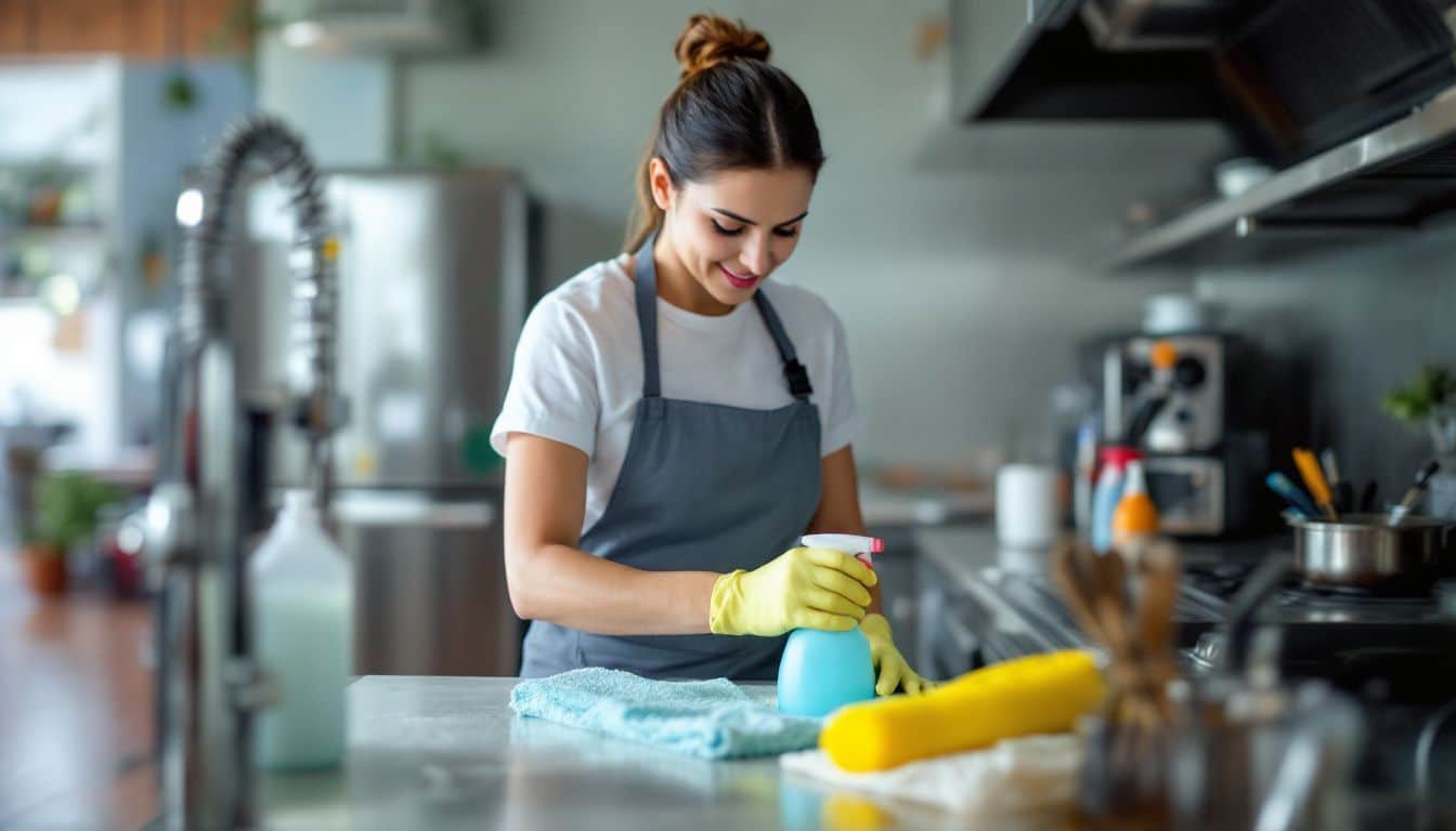 A professional sanitizing service worker cleaning a kitchen in Marietta, GA.