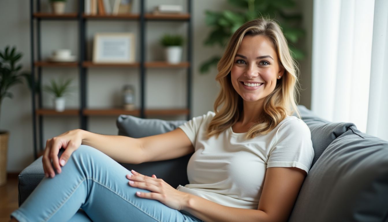 A busy parent enjoying a moment of relaxation in a tidy living room.