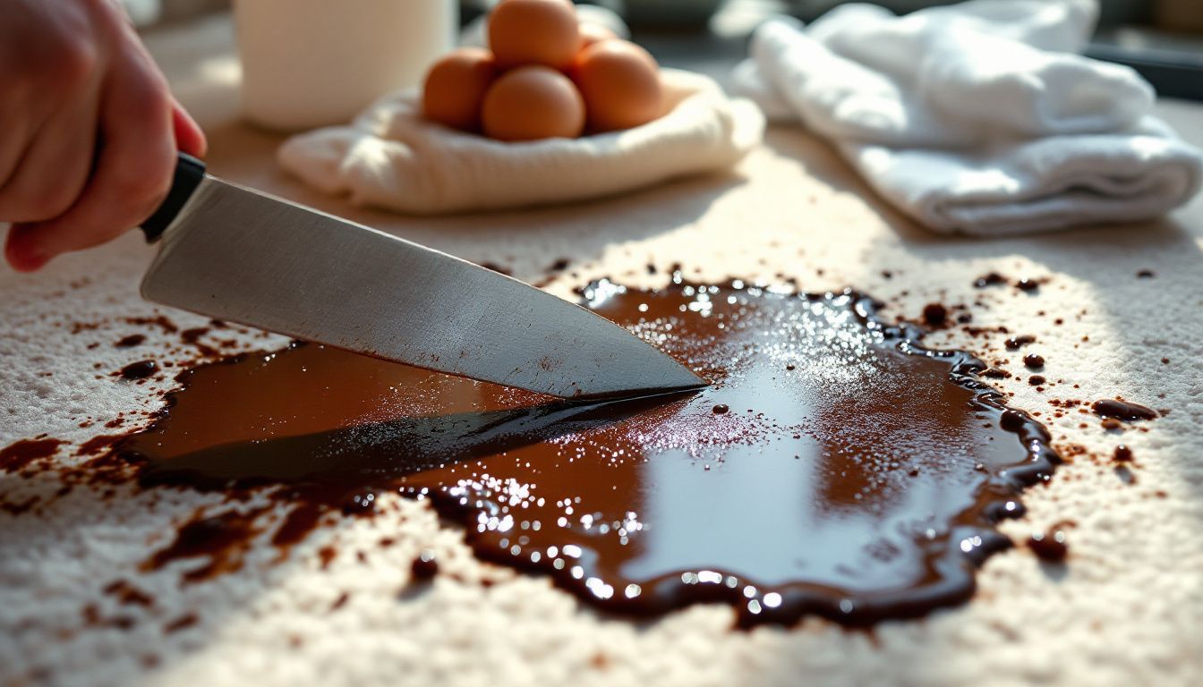 A chocolate stain being scraped off a light-colored carpet.