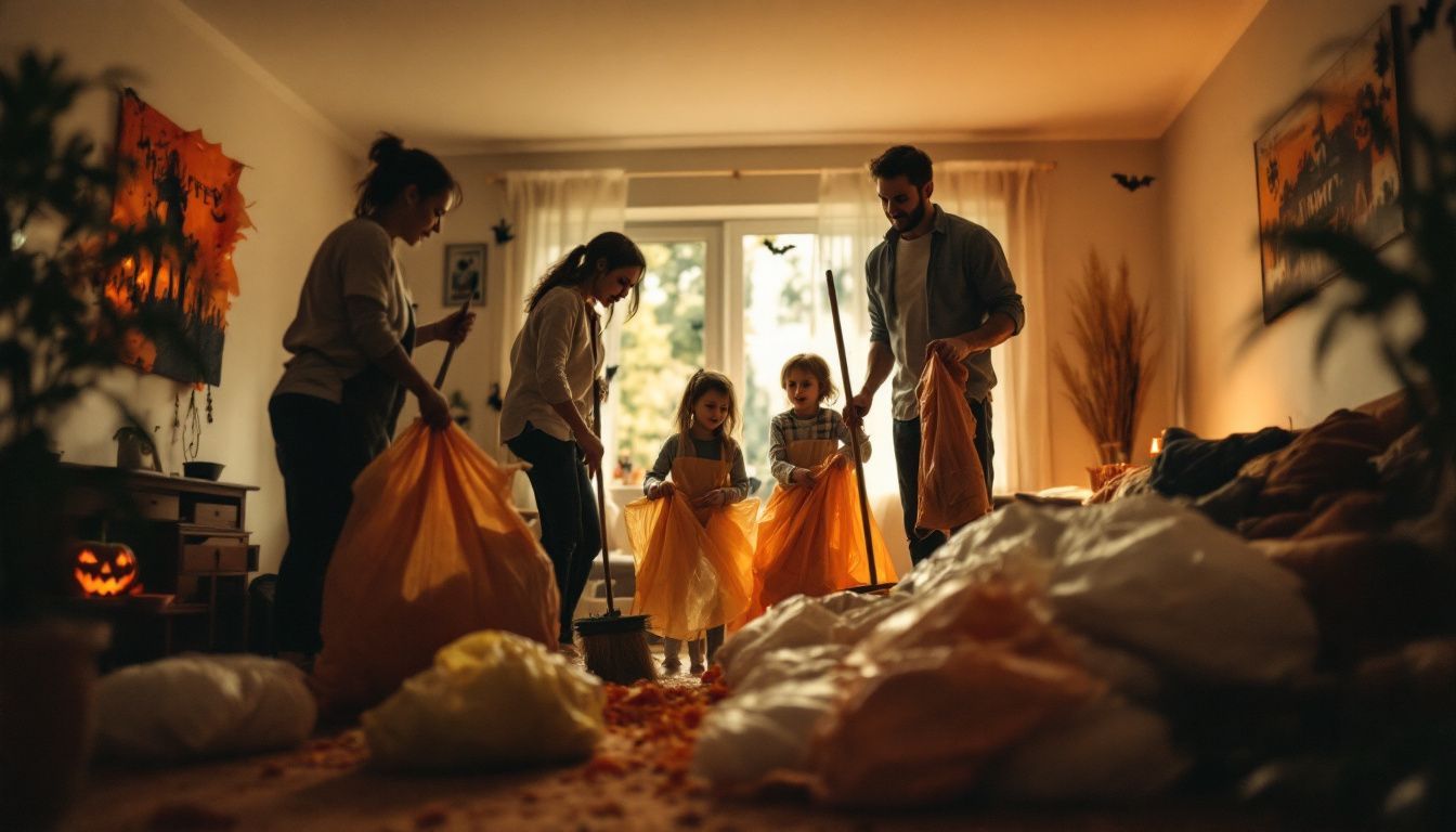 A family cleans up after a Halloween party in their living room.