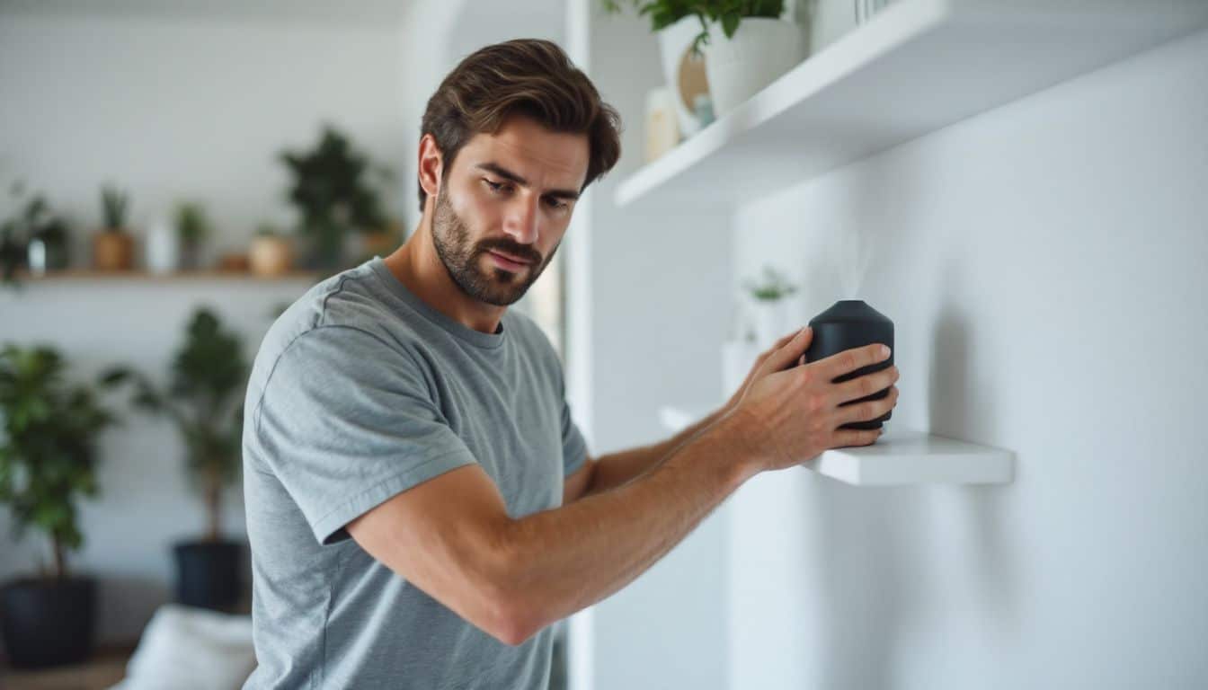 A person in their 30s tidying up and placing a diffuser in their living room.