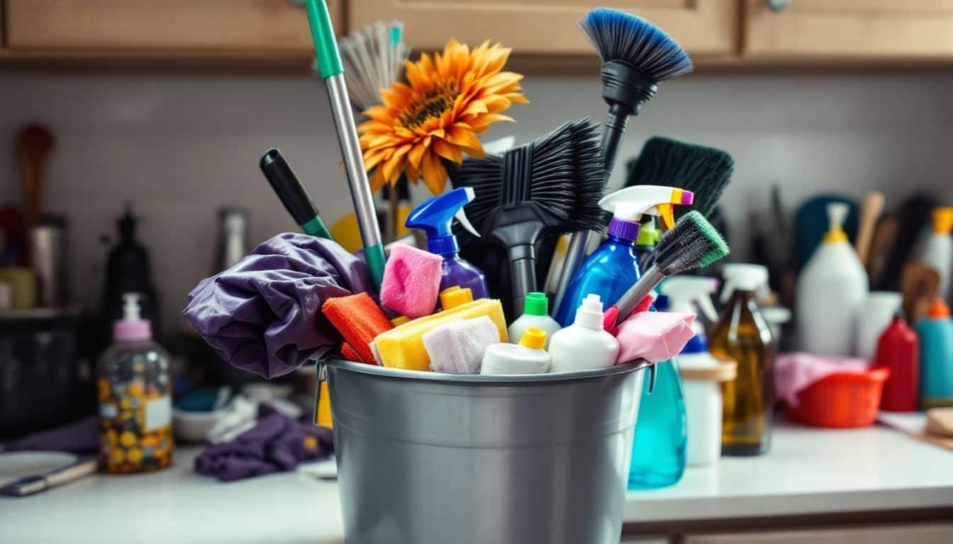 Aftermath of Halloween party, cluttered counter with cleaning supplies ready.