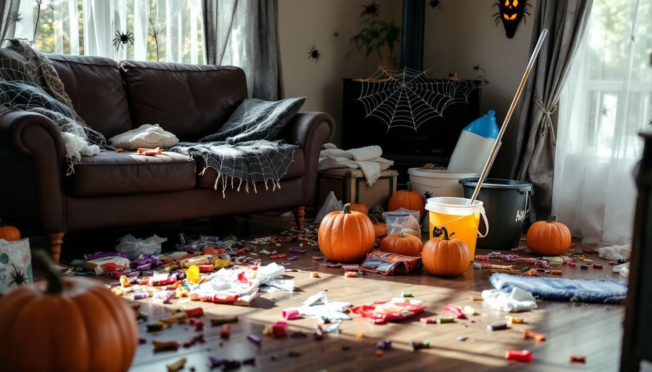 Cluttered living room after Halloween party with candy wrappers, decorations, and cleaning supplies.