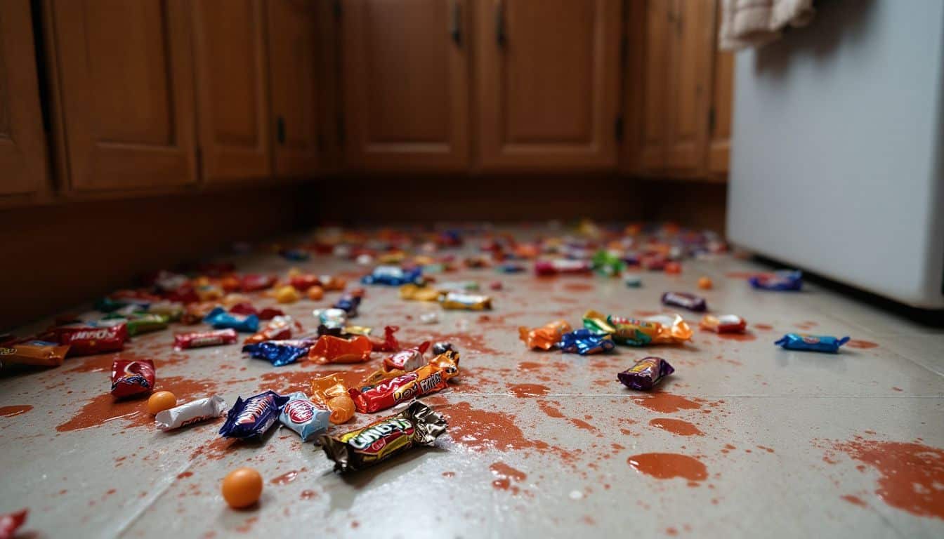 A messy kitchen floor covered in candy wrappers and sticky spots.