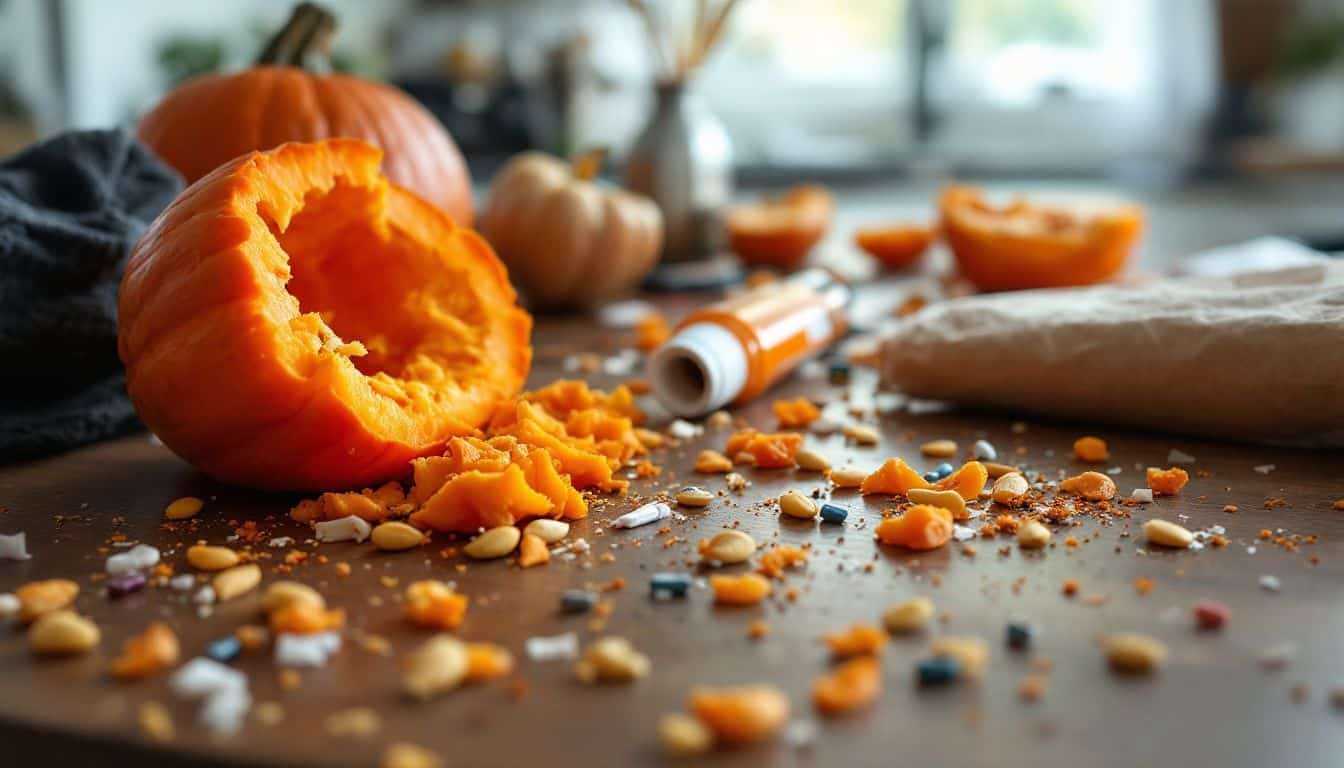 A messy kitchen table after a Halloween party with scattered pumpkin guts.