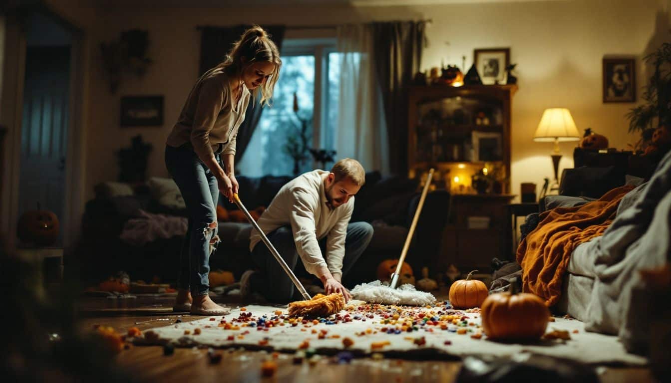 A couple cleaning up post-Halloween party mess in their living room.