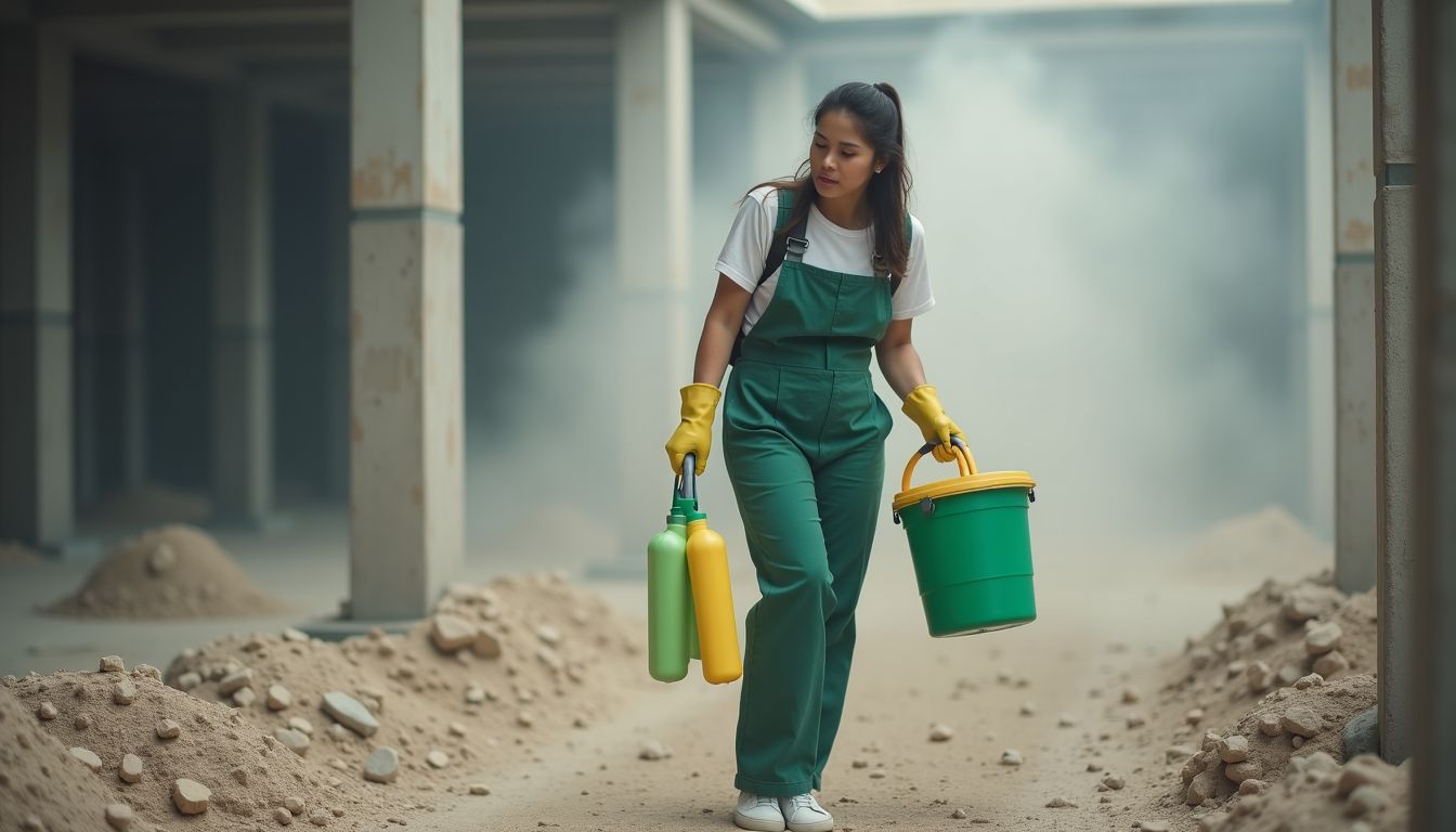 A cleaner at a post-construction site using eco-friendly cleaning agents.