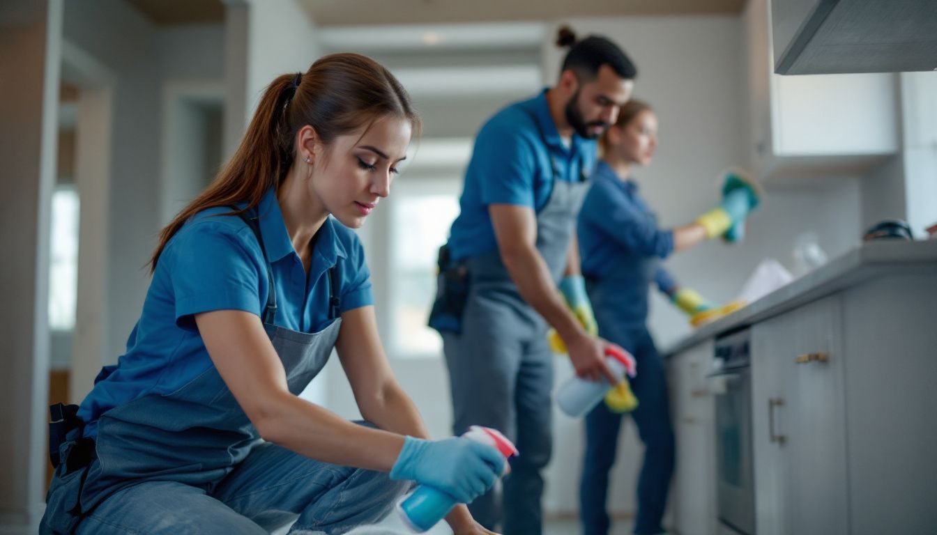 A team of professional cleaners working diligently in a newly constructed home.