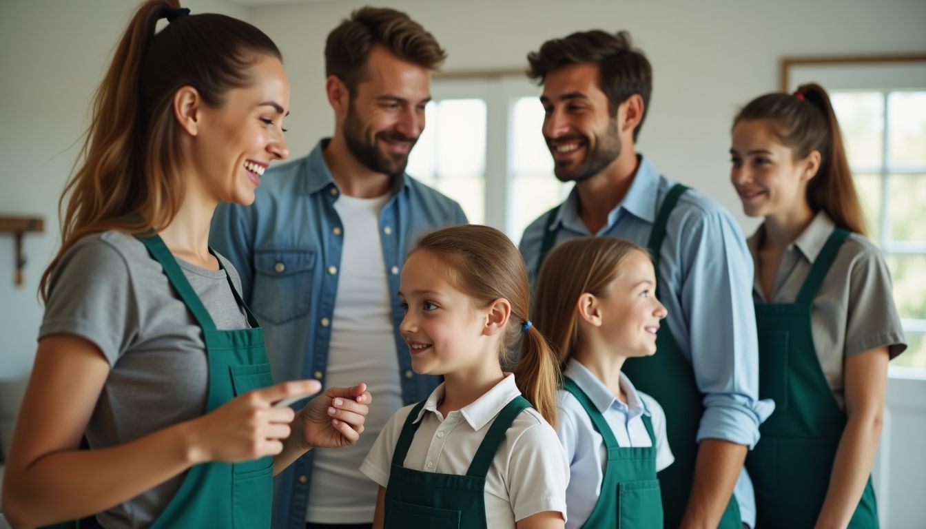 A family discusses cleaning their renovated home with professional cleaners.