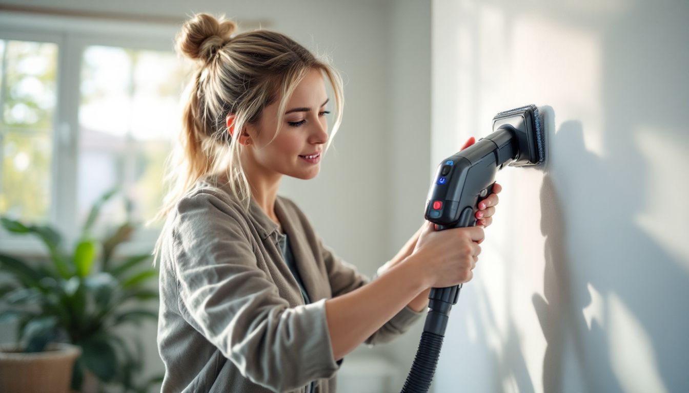 A woman in her 30s using a special vacuum attachment to clean hard-to-reach corners of a room.