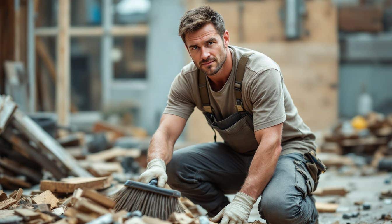 A construction worker sweeping debris at a building site.