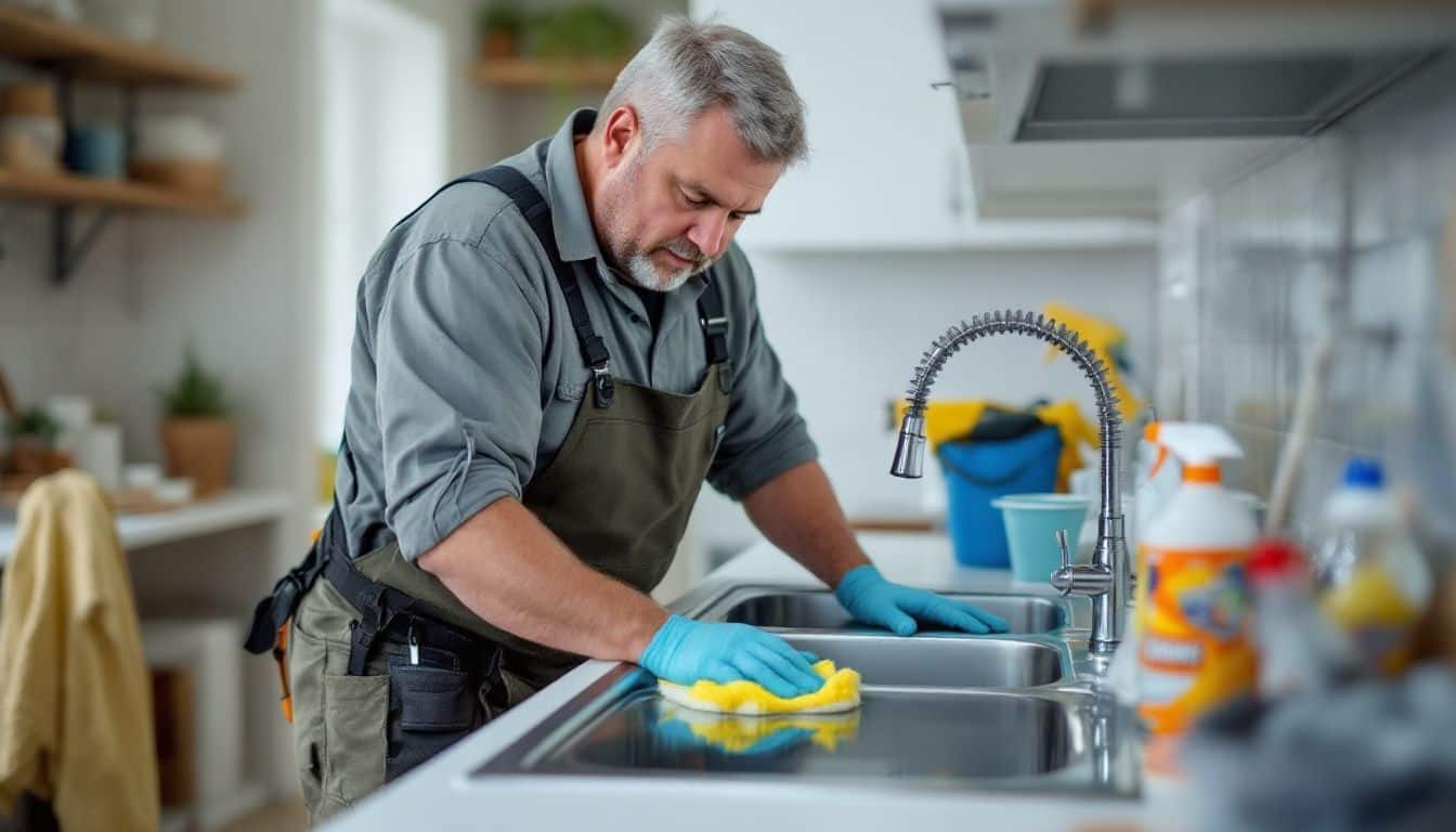 A man cleaning a stainless steel sink in a newly constructed kitchen.