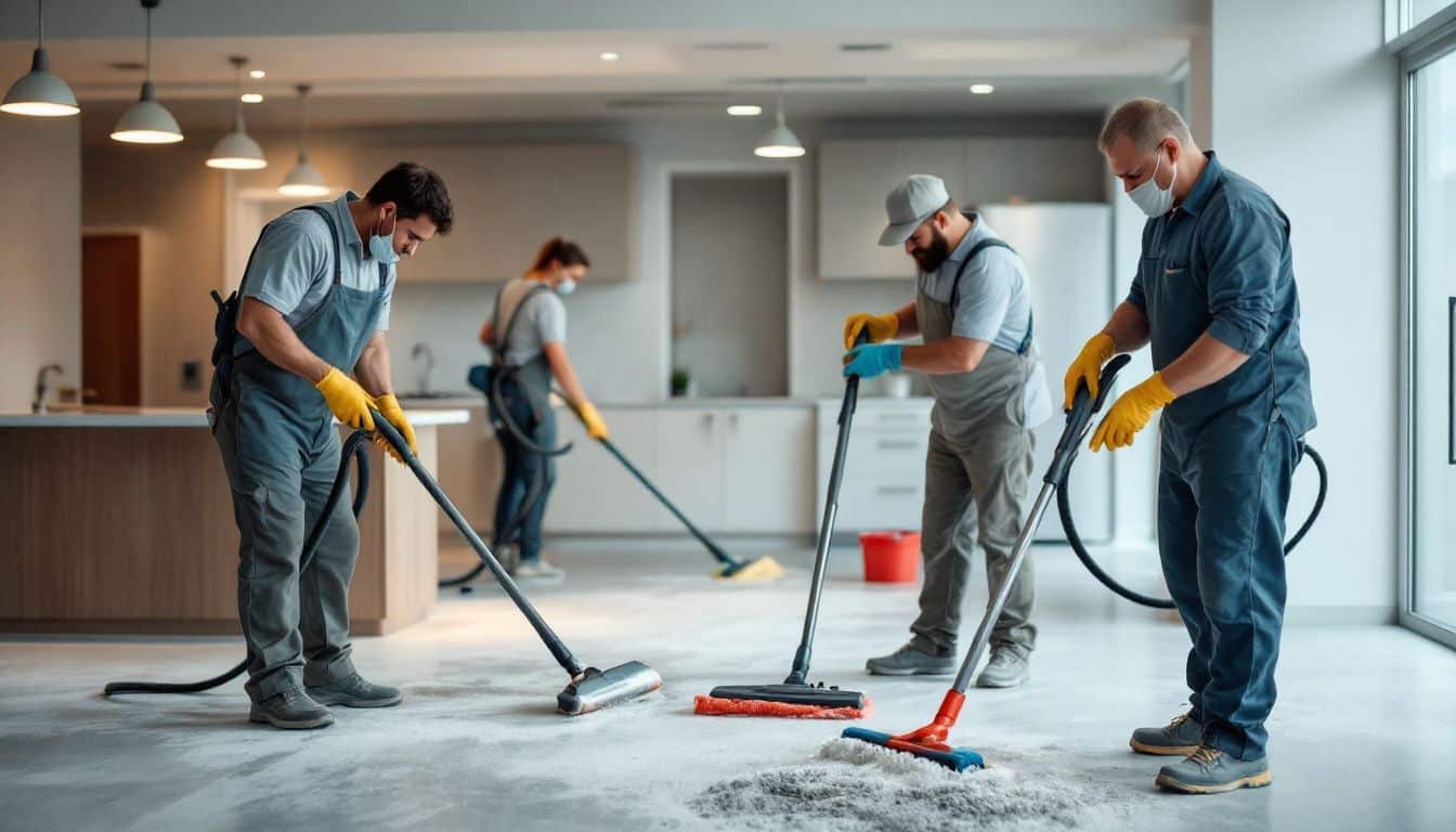 A group of workers cleaning a newly renovated commercial space.