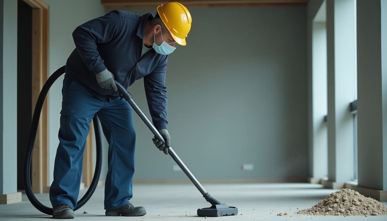 A male cleaner using a sophisticated vacuum to clean a construction site.