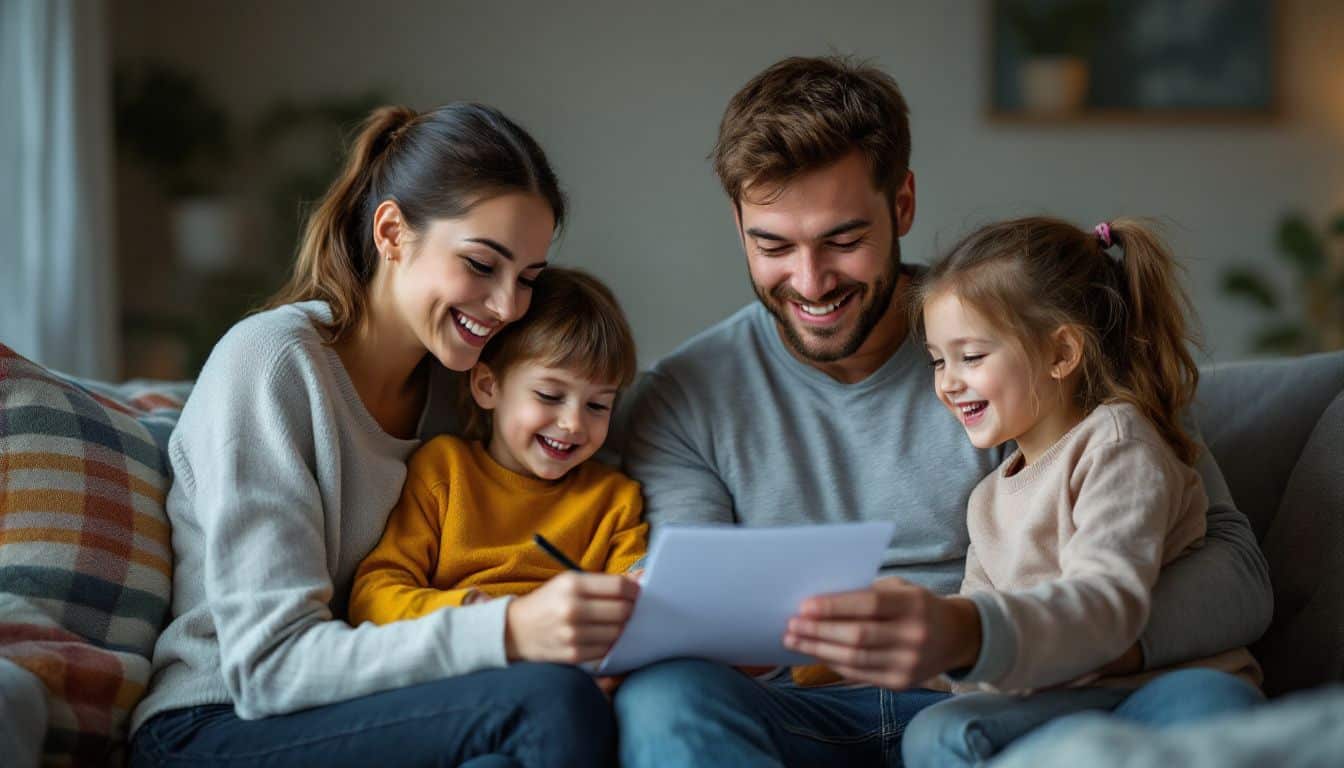 A family of four happily checks off cleaning tasks together in their cozy living room.