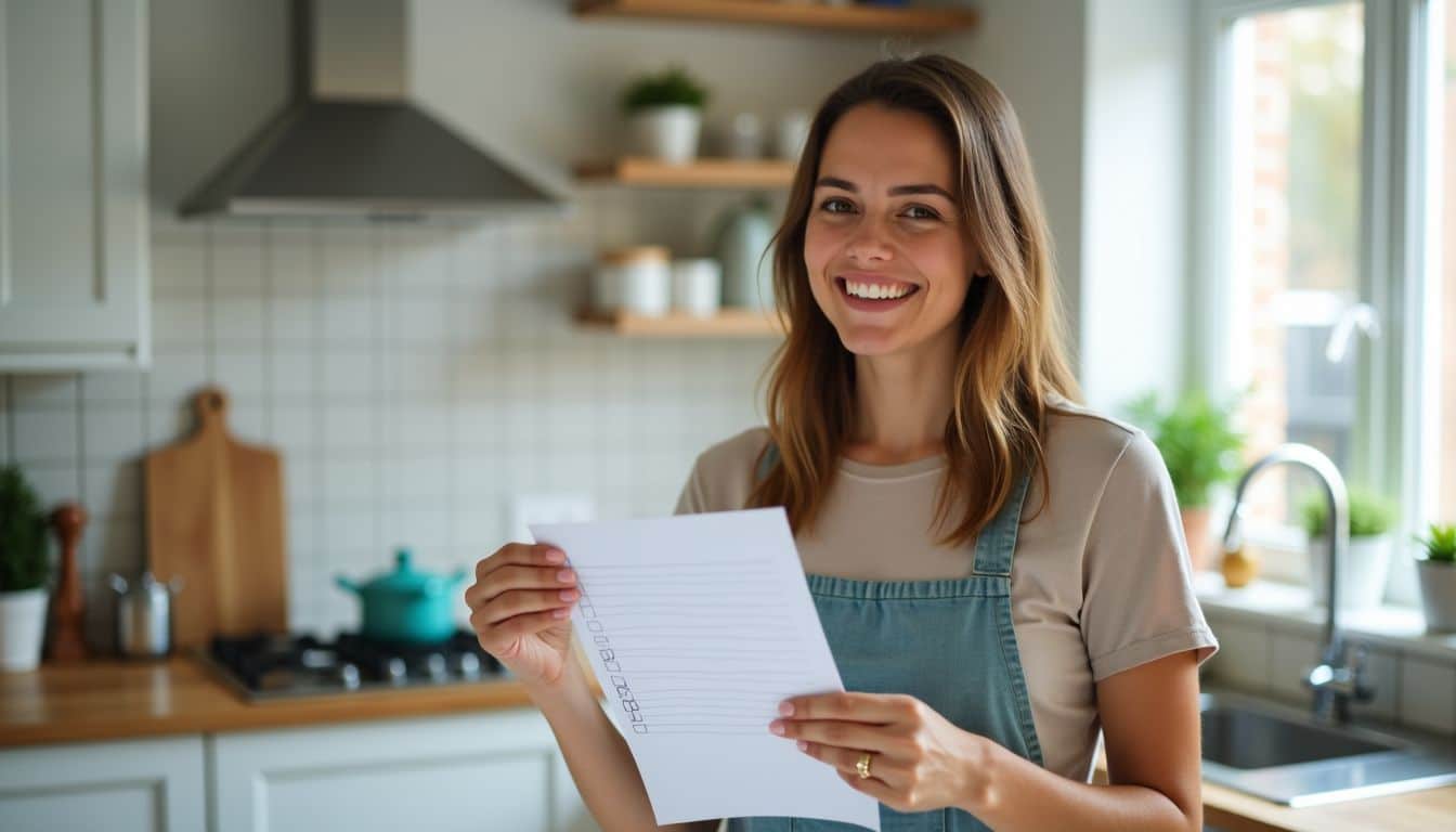 A woman in her 30s admires her clean kitchen after cleaning.