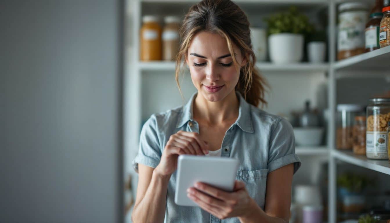 A woman organizes her pantry using a quarterly cleaning checklist.