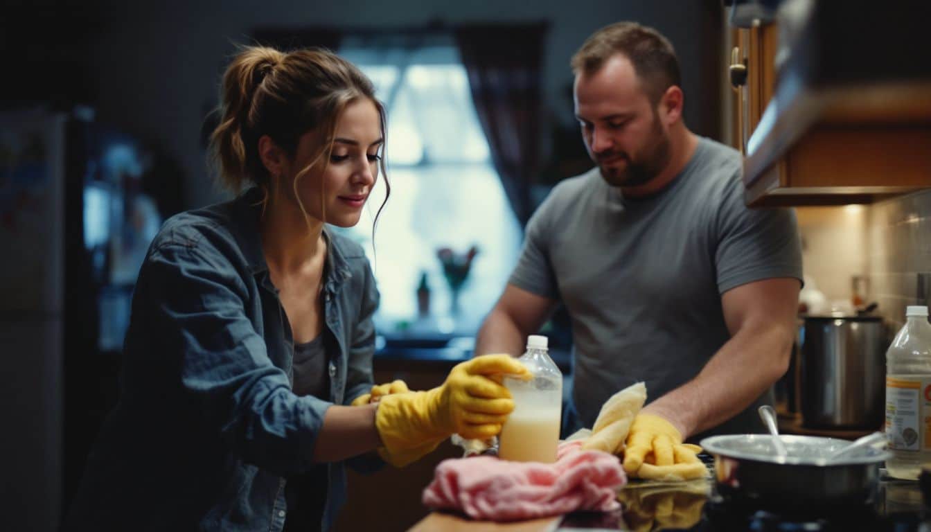 A couple in their thirties cleaning their kitchen with vinegar solution.