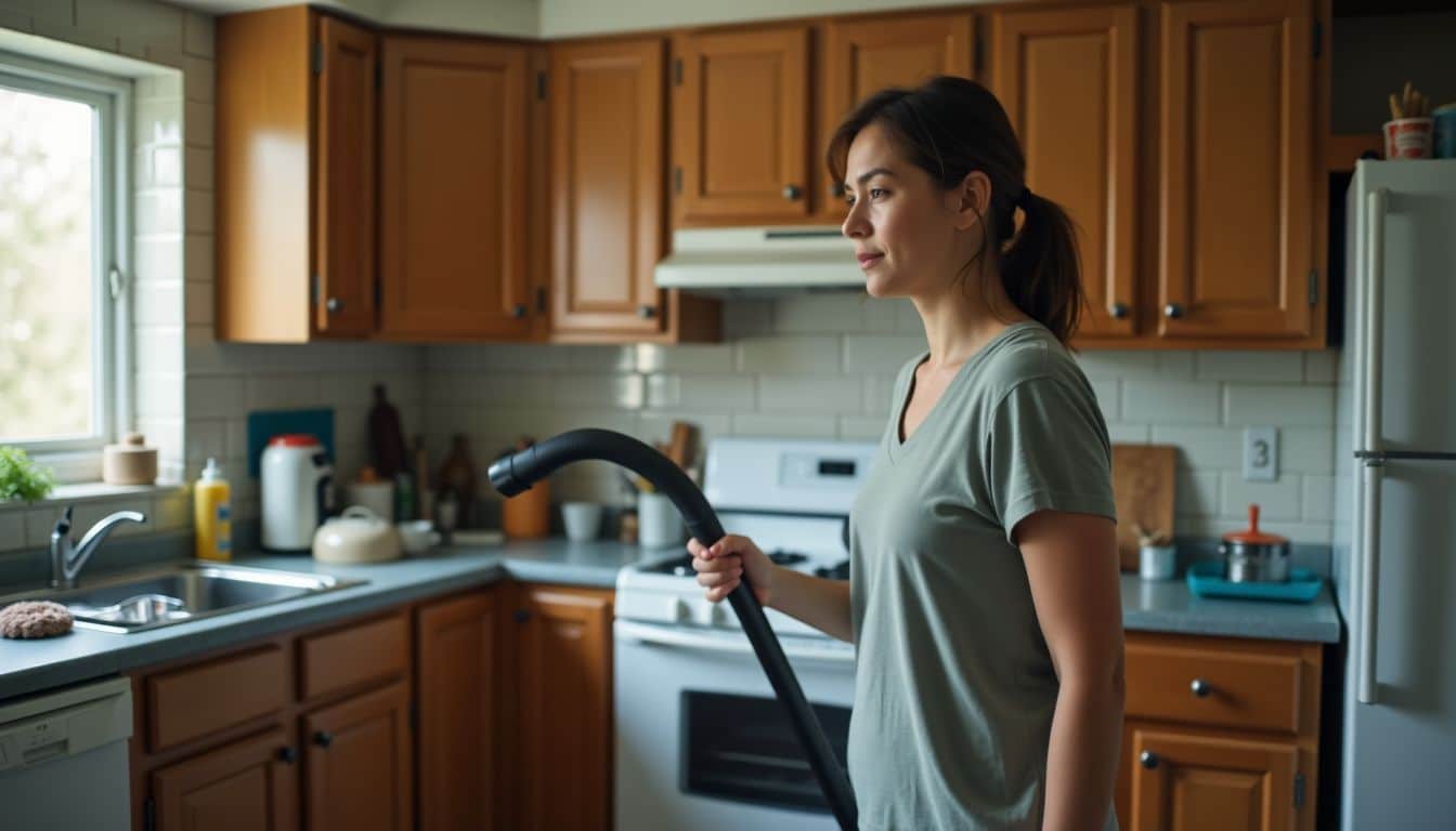 A person is using a vacuum to clean behind a stove.