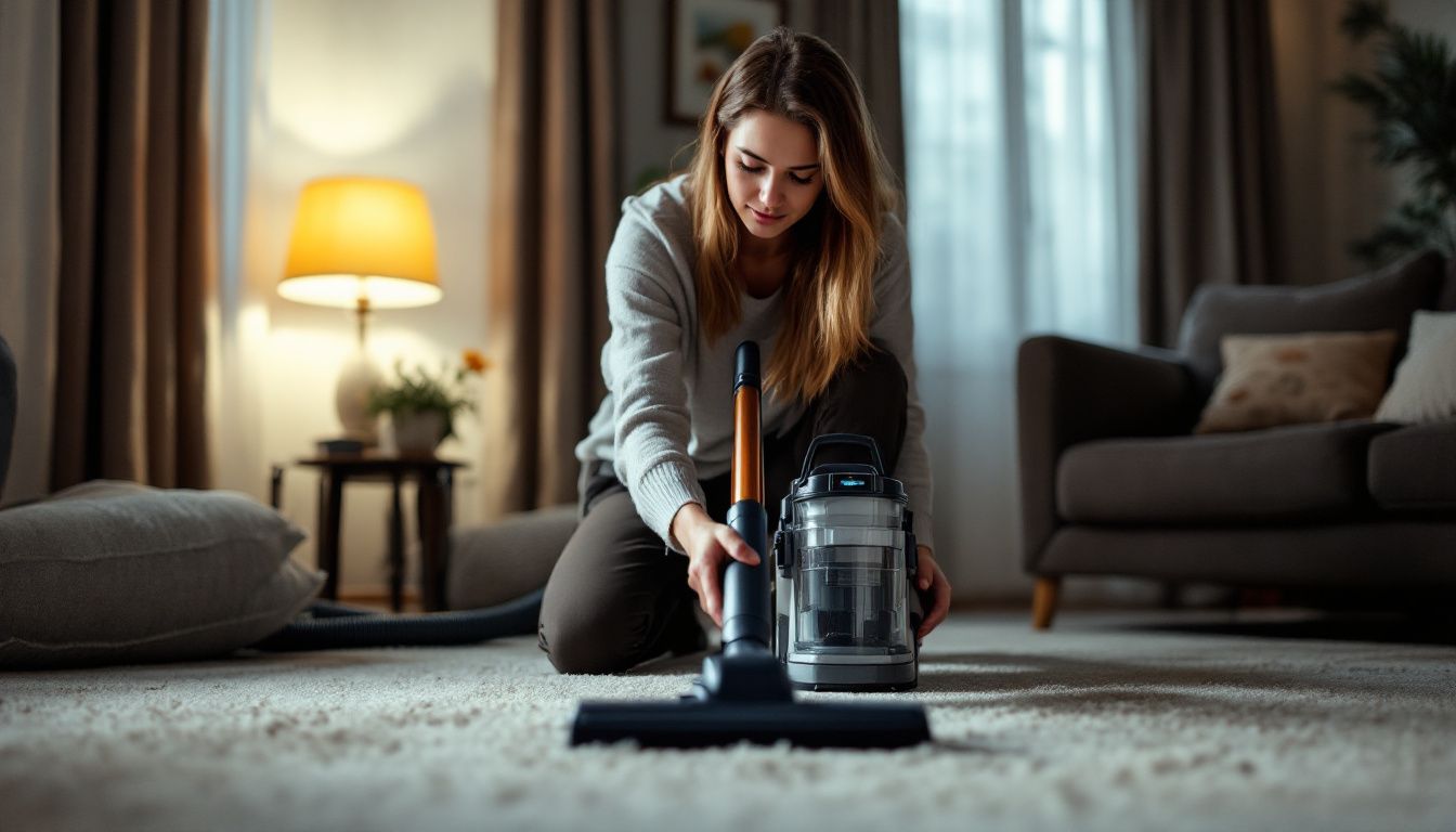 A woman in her 30s is using a HEPA-filter vacuum to clean her living room carpet.