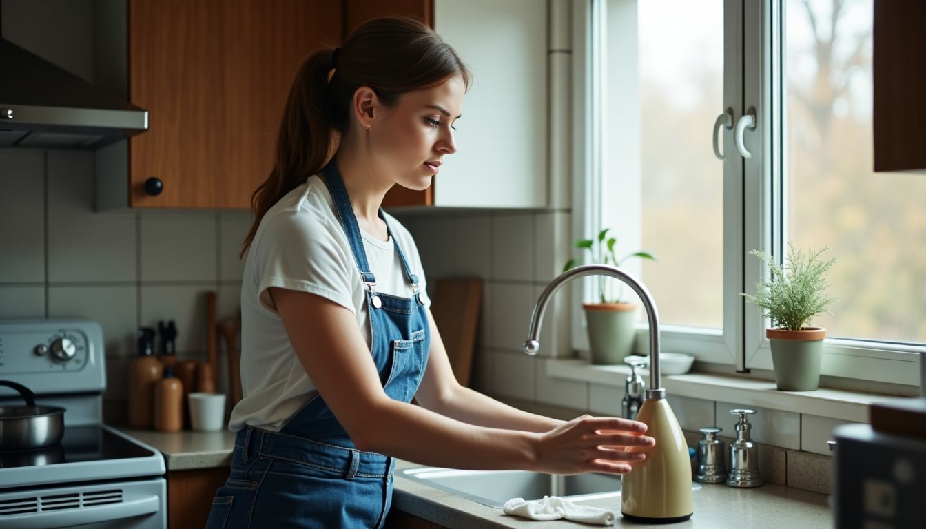 A woman in her mid-30s deep cleaning her kitchen in poor lighting.