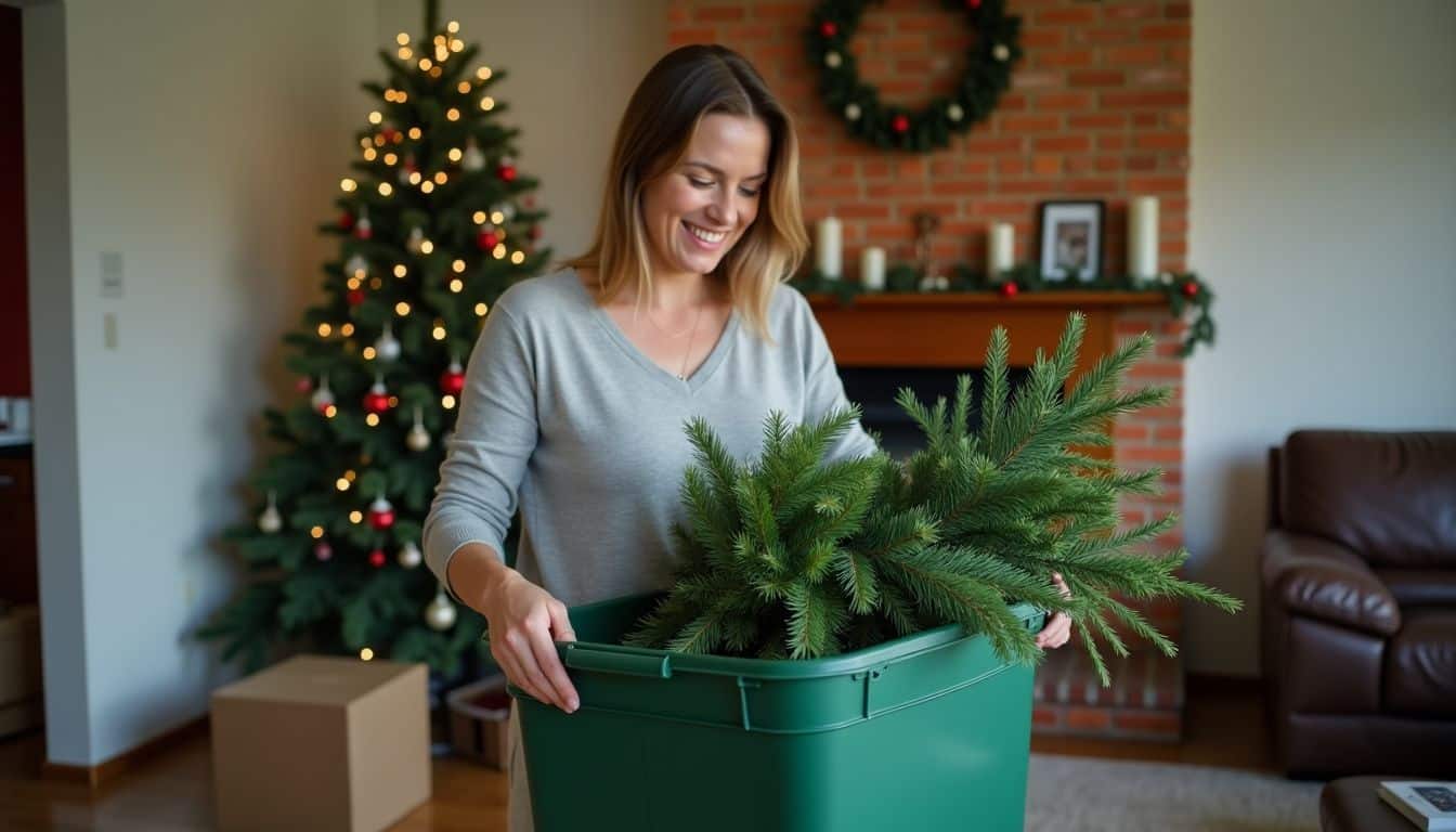 A woman in her 30s stores holiday tree branches in a bin.