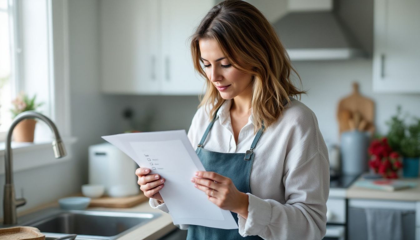 A woman in her 40s follows a cleaning plan in her kitchen.