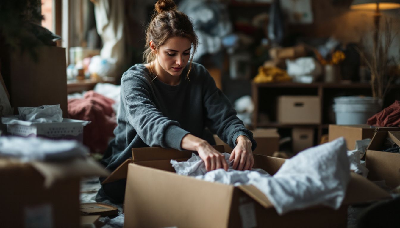 A woman declutters her home for Christmas in a cluttered living room.