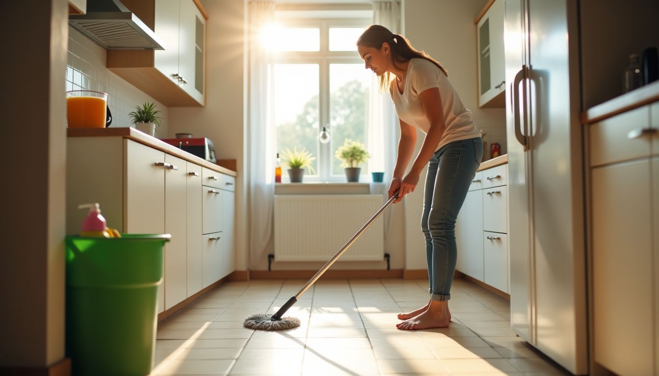 A woman is cleaning the tile floors of a bright kitchen.