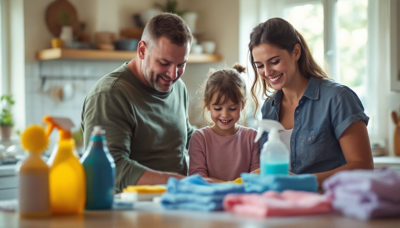 A family of four preparing cleaning supplies in their kitchen.