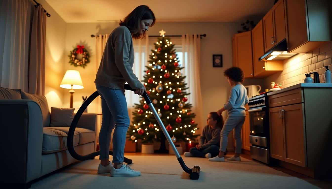 A woman in her forties vacuuming while her children clean and adjust decorations for Christmas.