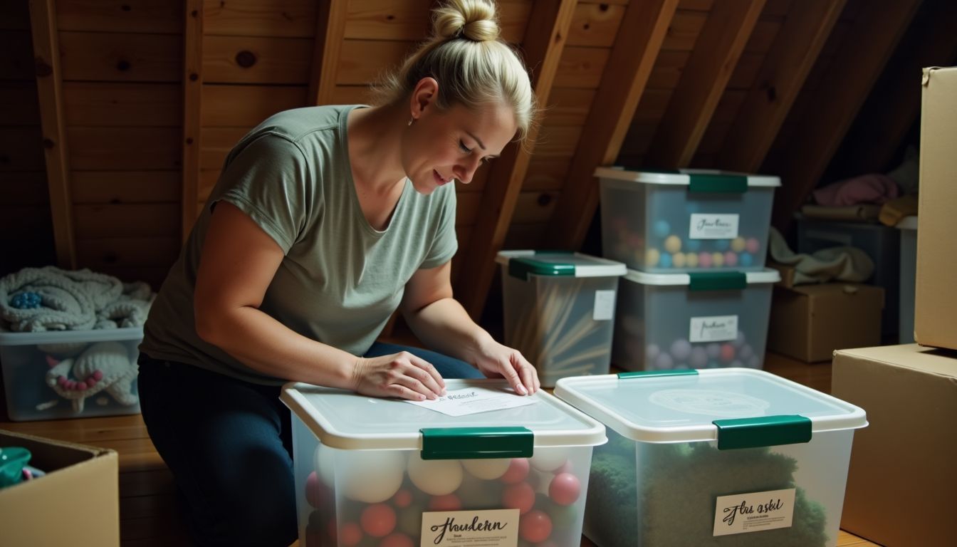 A woman in her 40s organizes holiday decorations in her attic.