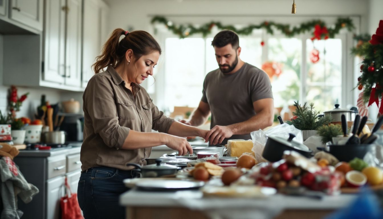 A couple organizing cluttered kitchen counter for upcoming holiday season.