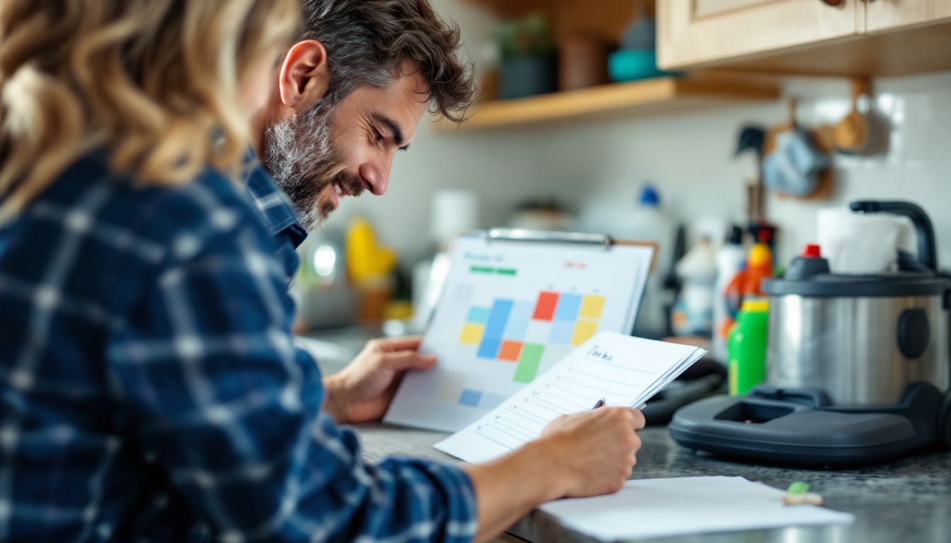 A person creating a cleaning schedule in a well-used kitchen.