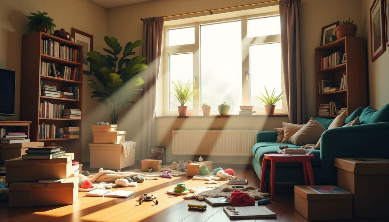 A cluttered living room with books, clothes, and toys scattered around.