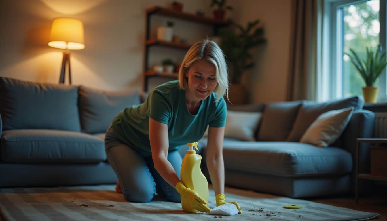 A middle-aged woman deep cleaning her living room with eco-friendly products.