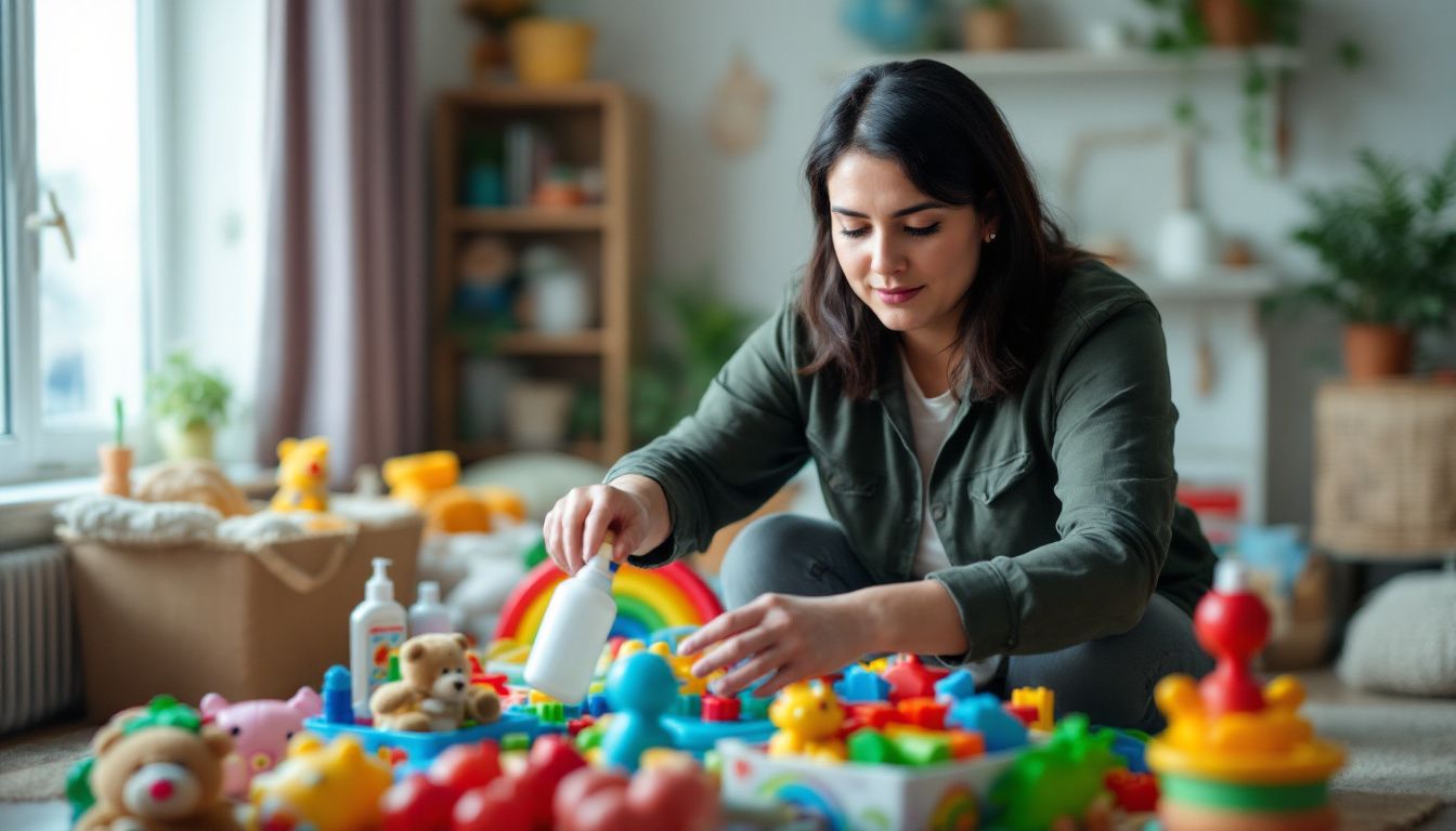 A woman in her 30s sanitizing and organizing kids' toys at home.